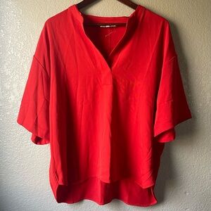 Melloday Womens Large Red Split Neck Short Sleeve Tunic Top Office Business